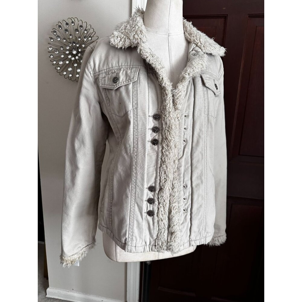 Ladies Black Rivet jean jacket with faux sherpa snap closure Small